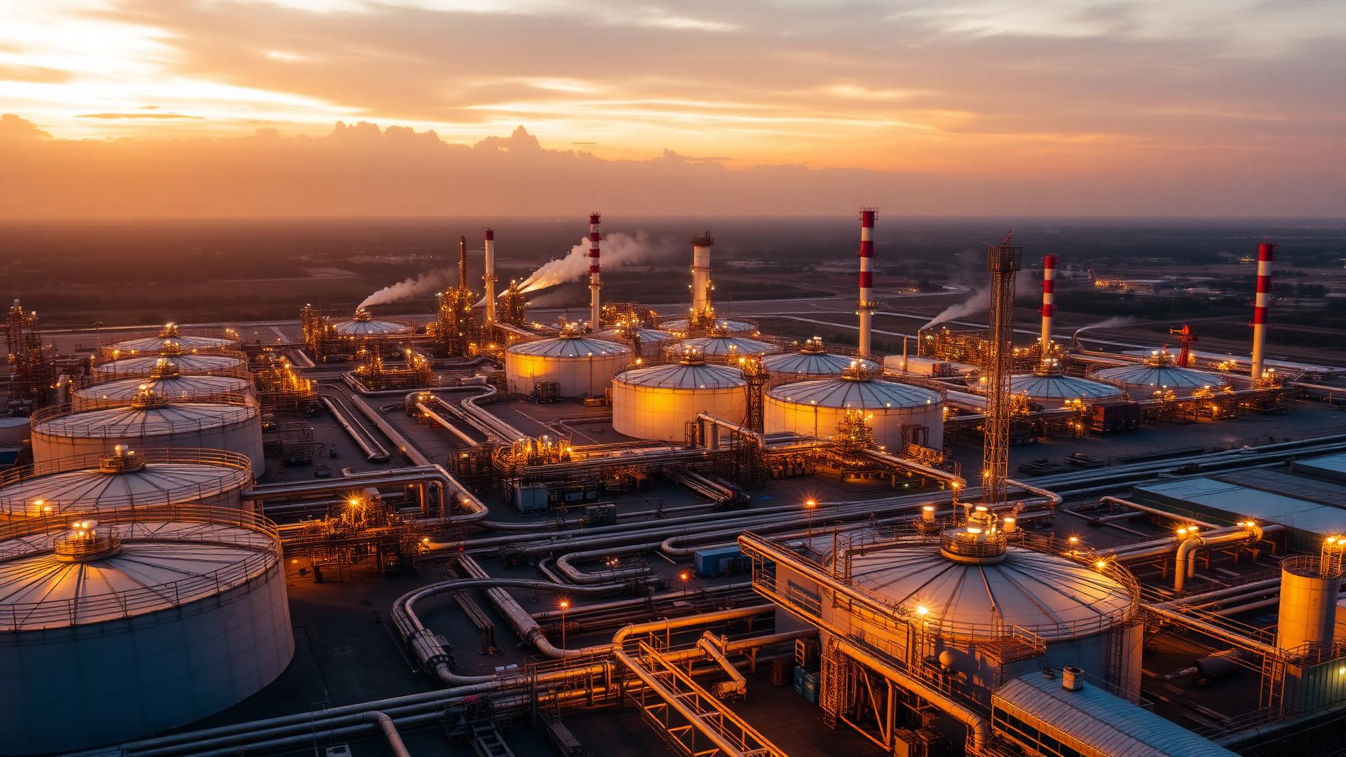 Oil refinery at sunset